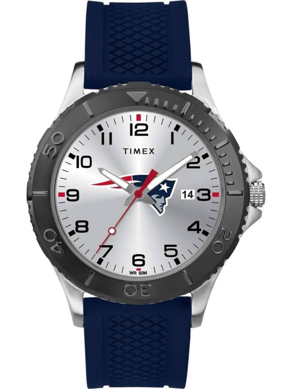 Mens Silver Blue Rubber Band Analog NFL Gamer New England Patriot Luminant Watch